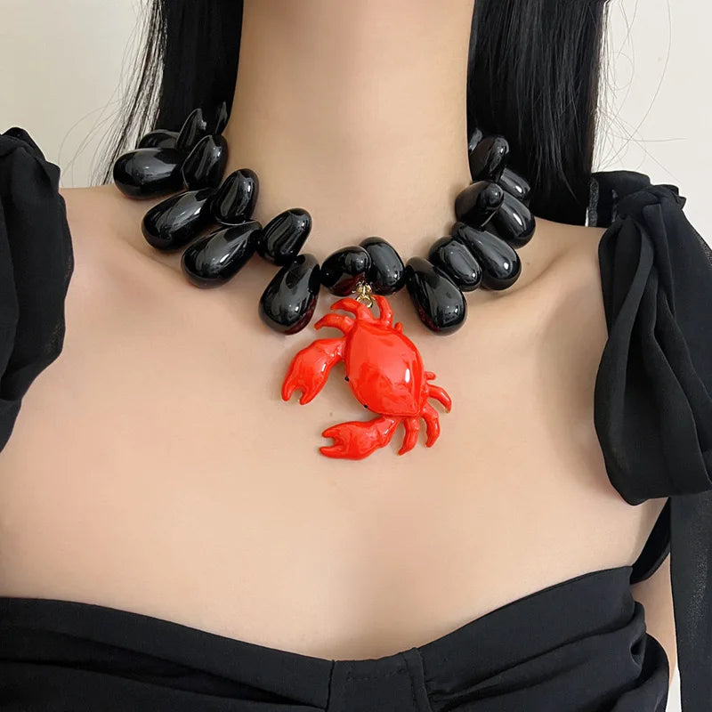 Beaded Crab Pendant Beach Ocean Style Necklace Black