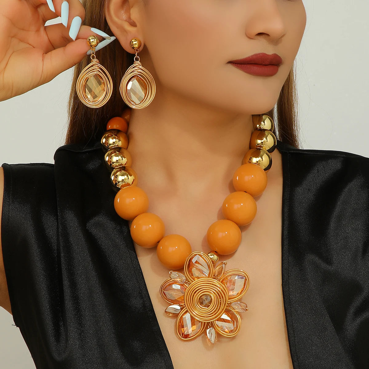Orange Beads Crystal Aluminum Wire Woven Flower Jewelry Set Trendy
