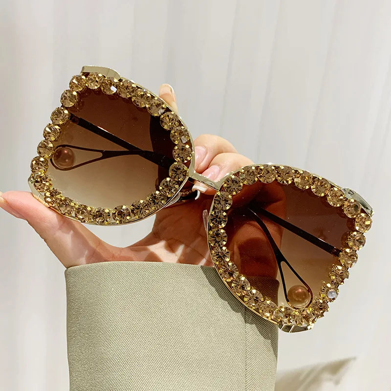 big frame punk crystal rhinestone sunglasses gold