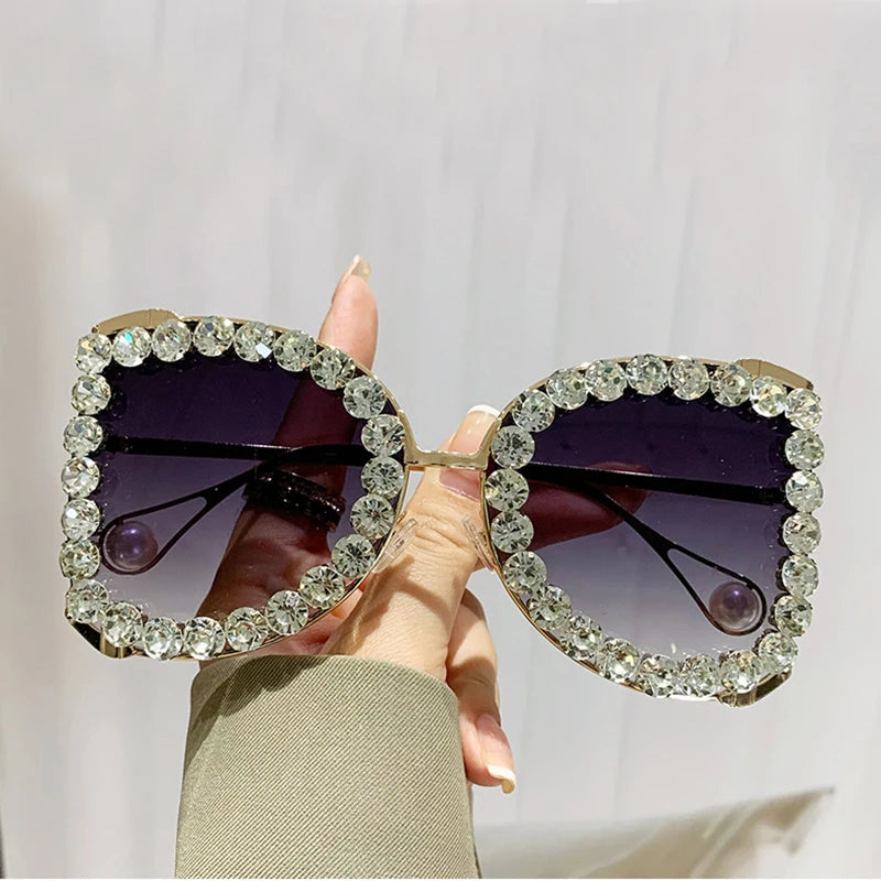 big frame punk crystal rhinestone sunglasses white