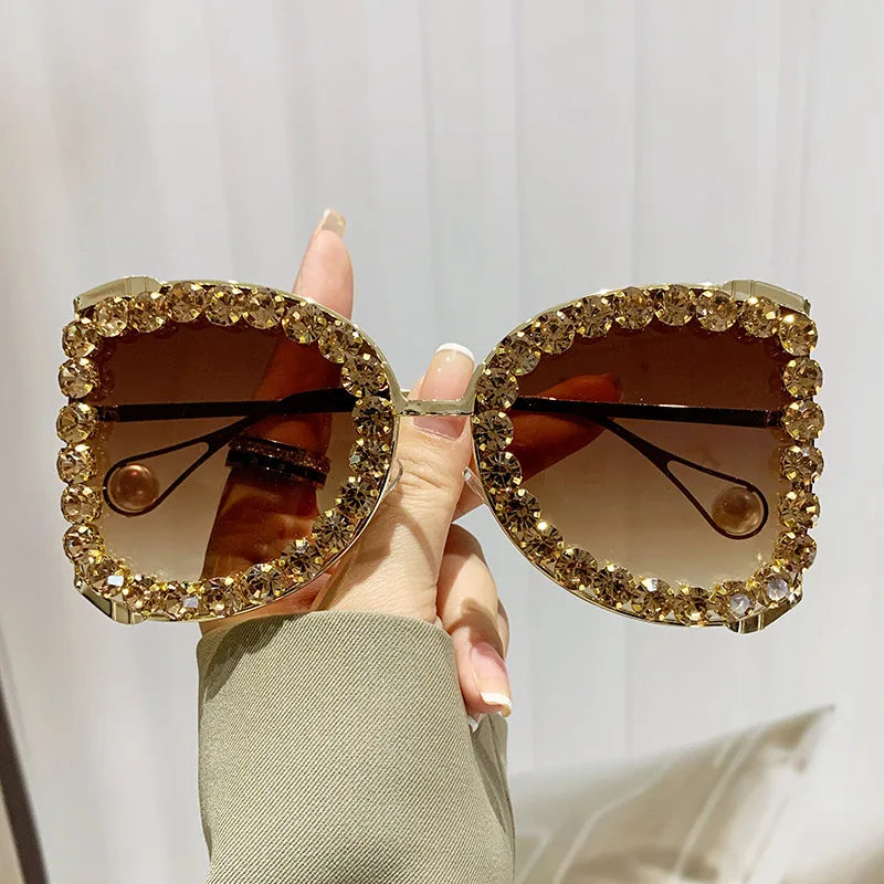 big frame punk crystal rhinestone sunglasses gold