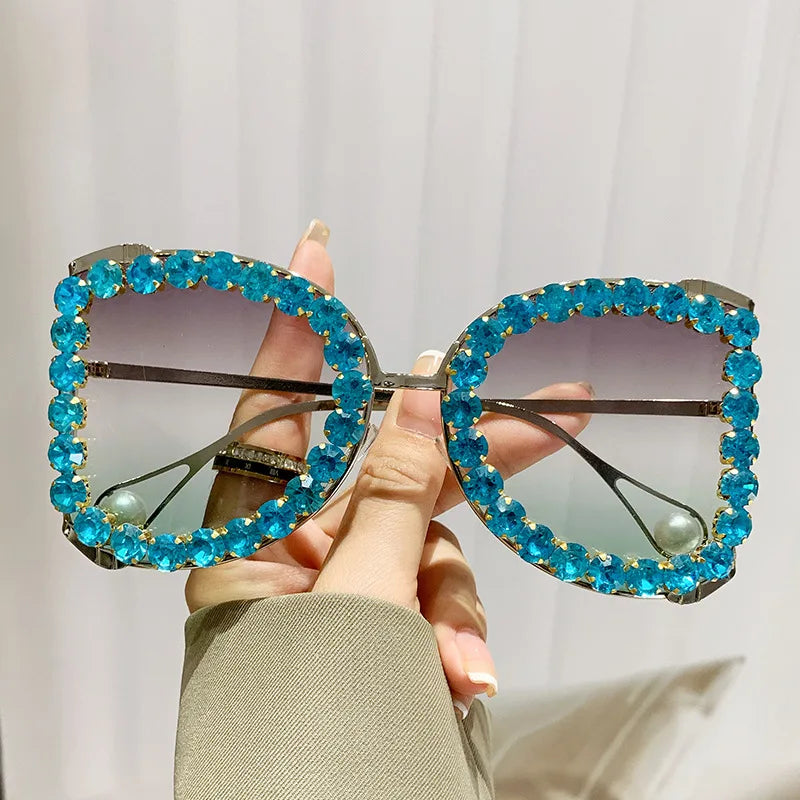 big frame punk crystal rhinestone sunglasses blue