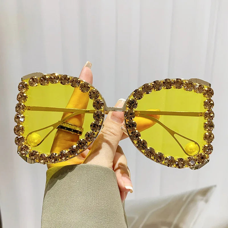 big frame punk crystal rhinestone sunglasses yellow