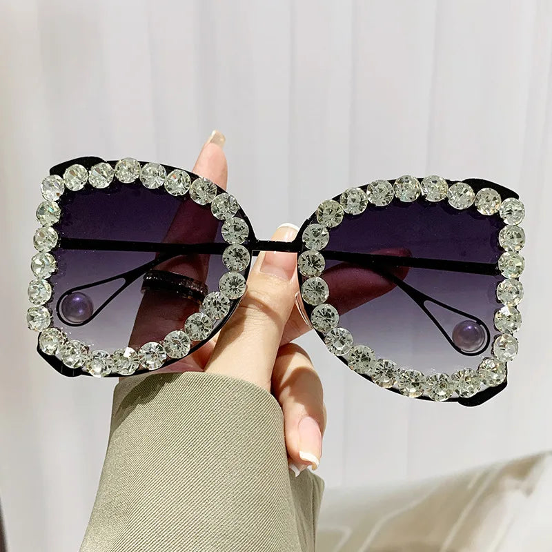 big frame punk crystal rhinestone sunglasses white purple