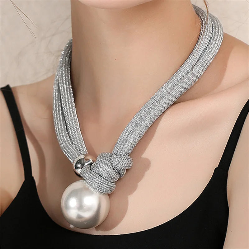 silver Big Pearl Statement Pendant Necklace