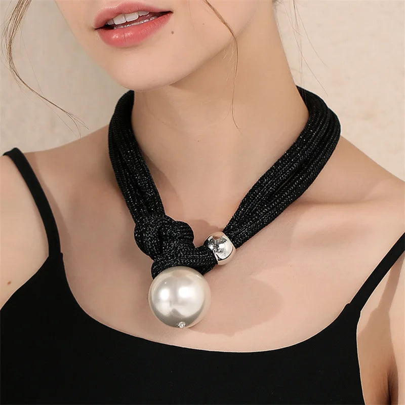 black Big Pearl Statement Pendant Necklace