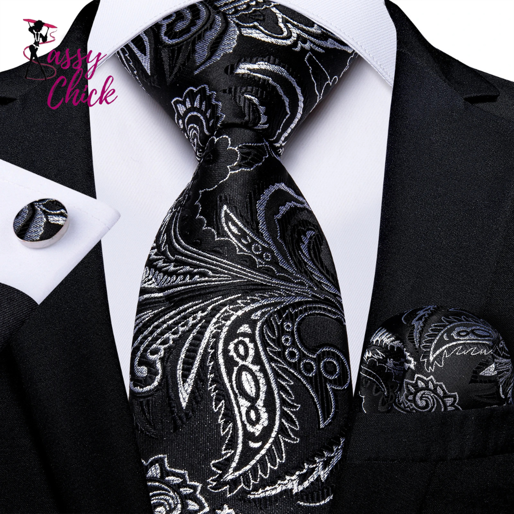 Black And Silver Paisley Floral Men's Ties Sassy Chick Logo