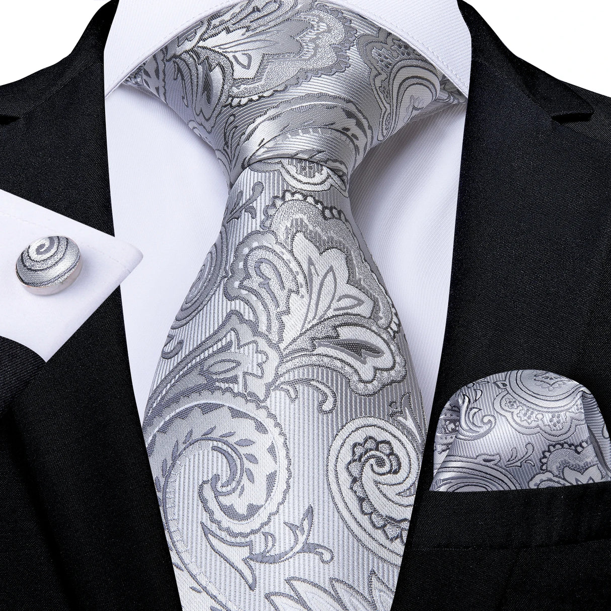 Black And Silver Paisley Floral Men's Ties