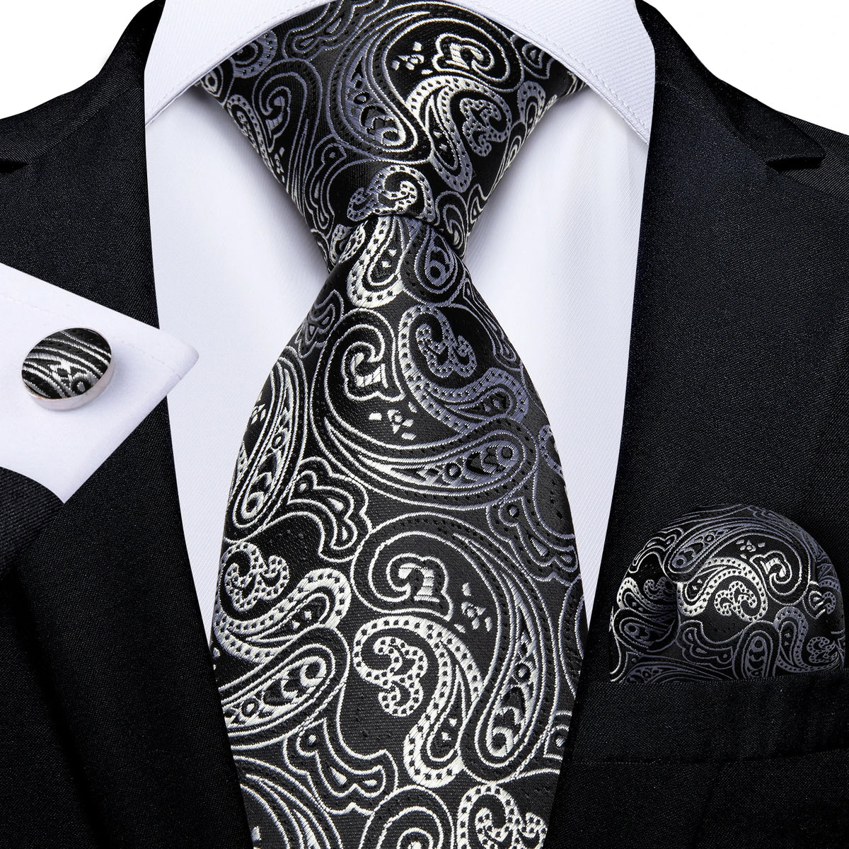 Black And Silver Paisley Floral Men's Ties