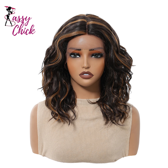 Black Brown Highlights Natural Lace Short Wavy Front Synthetic Hair Wigs Sassy Chick Logo