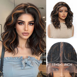 Black Brown Highlights Natural Lace Short Wavy Front Synthetic Hair Wigs