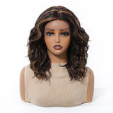 Black Brown Highlights Natural Lace Short Wavy Front Synthetic Hair Wigs