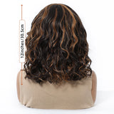 Size of Black Brown Highlights Natural Lace Short Wavy Front Synthetic Hair Wigs