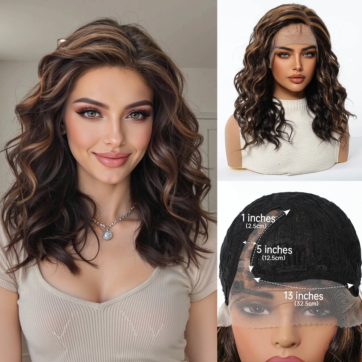 Black Brown Highlights Natural Lace Short Wavy Front Synthetic Hair Wigs