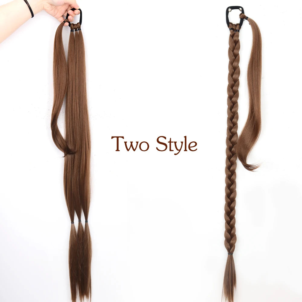 Black Brown Synthetic Long Braided Ponytail Hair Extensions
