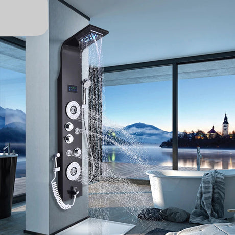 Black nickel LED shower panel with rainfall, waterfall, massage jets, and bidet tap