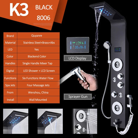Black nickel LED shower panel with rainfall, waterfall, massage jets, and bidet tap