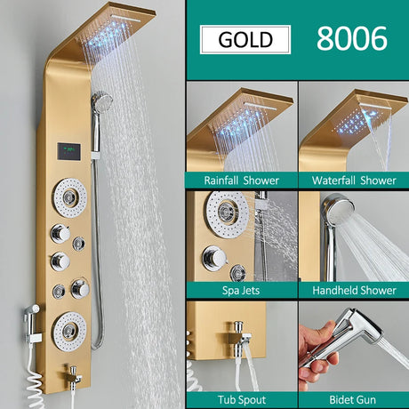 Black nickel LED shower panel with rainfall, waterfall, massage jets, and bidet tap