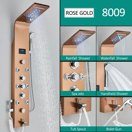 Black nickel LED shower panel with rainfall, waterfall, massage jets, and bidet tap
