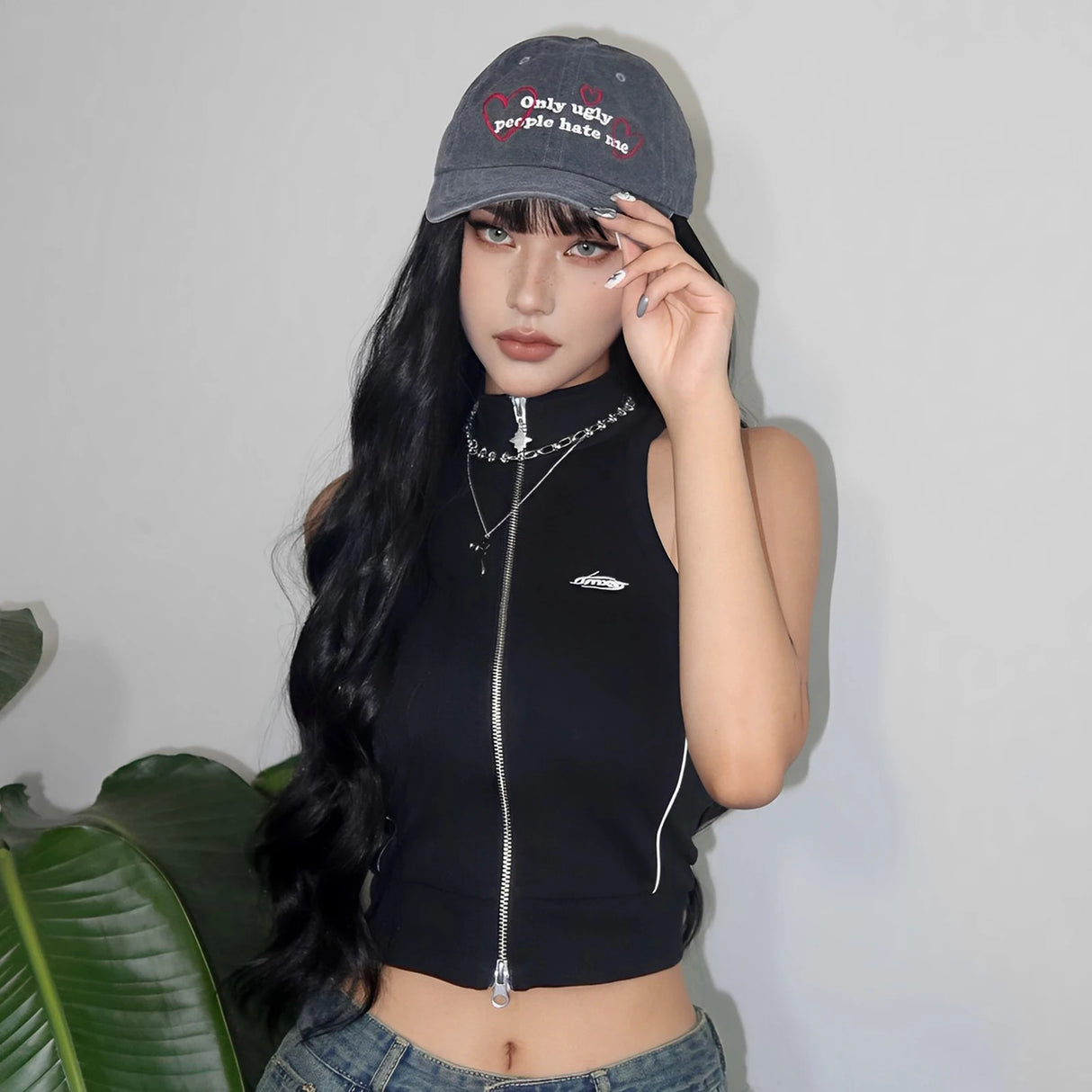 Model Using Black Water Wave Synthetic Long Wigs