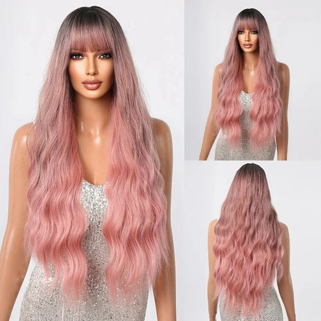 Pink Black Water Wave Synthetic Long Wigs
