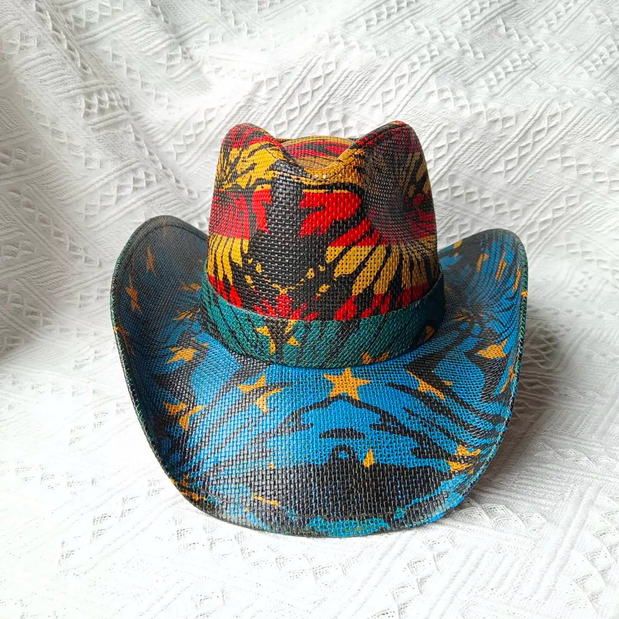 blue red cowboy straw hat