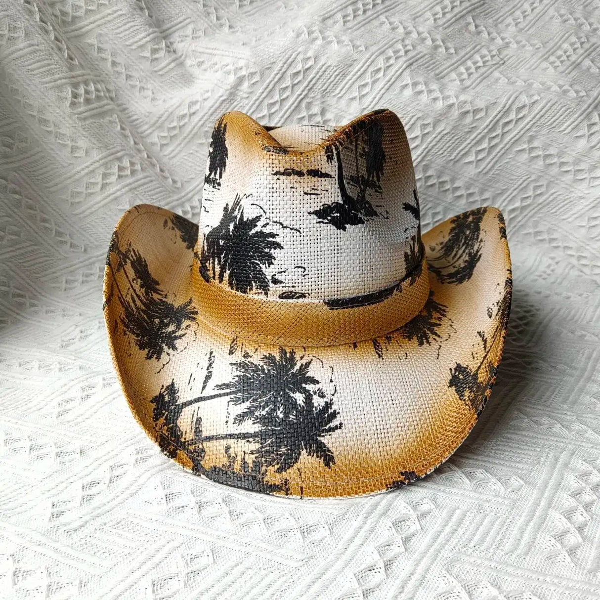 white yellow trees pattern cowboy straw hat