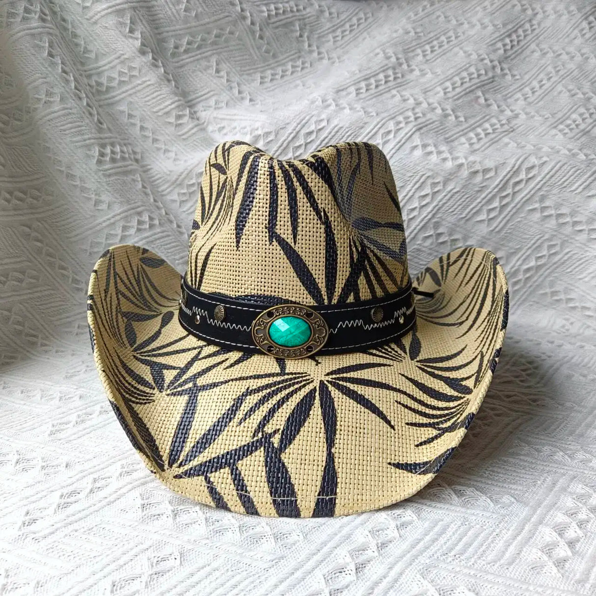 white leaves patter cowboy straw hat