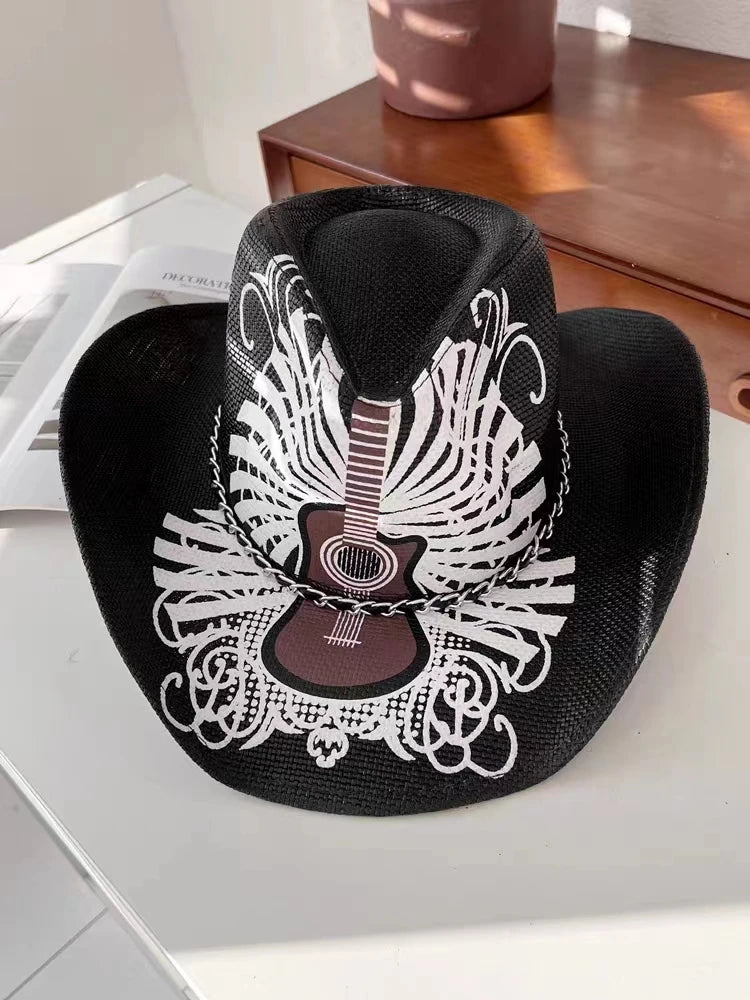 black white guitar pattern cowboy straw hat
