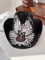 black white guitar pattern cowboy straw hat