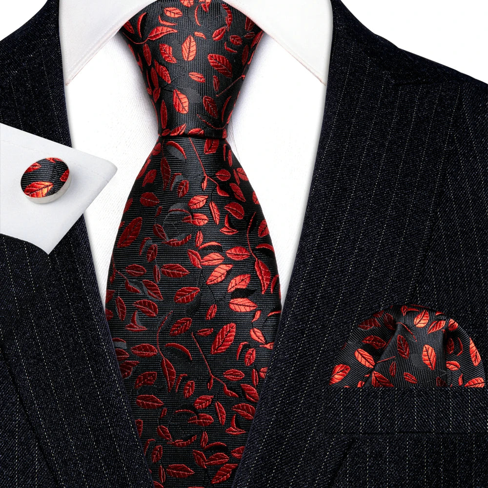 orange black leaves pattern necktie set