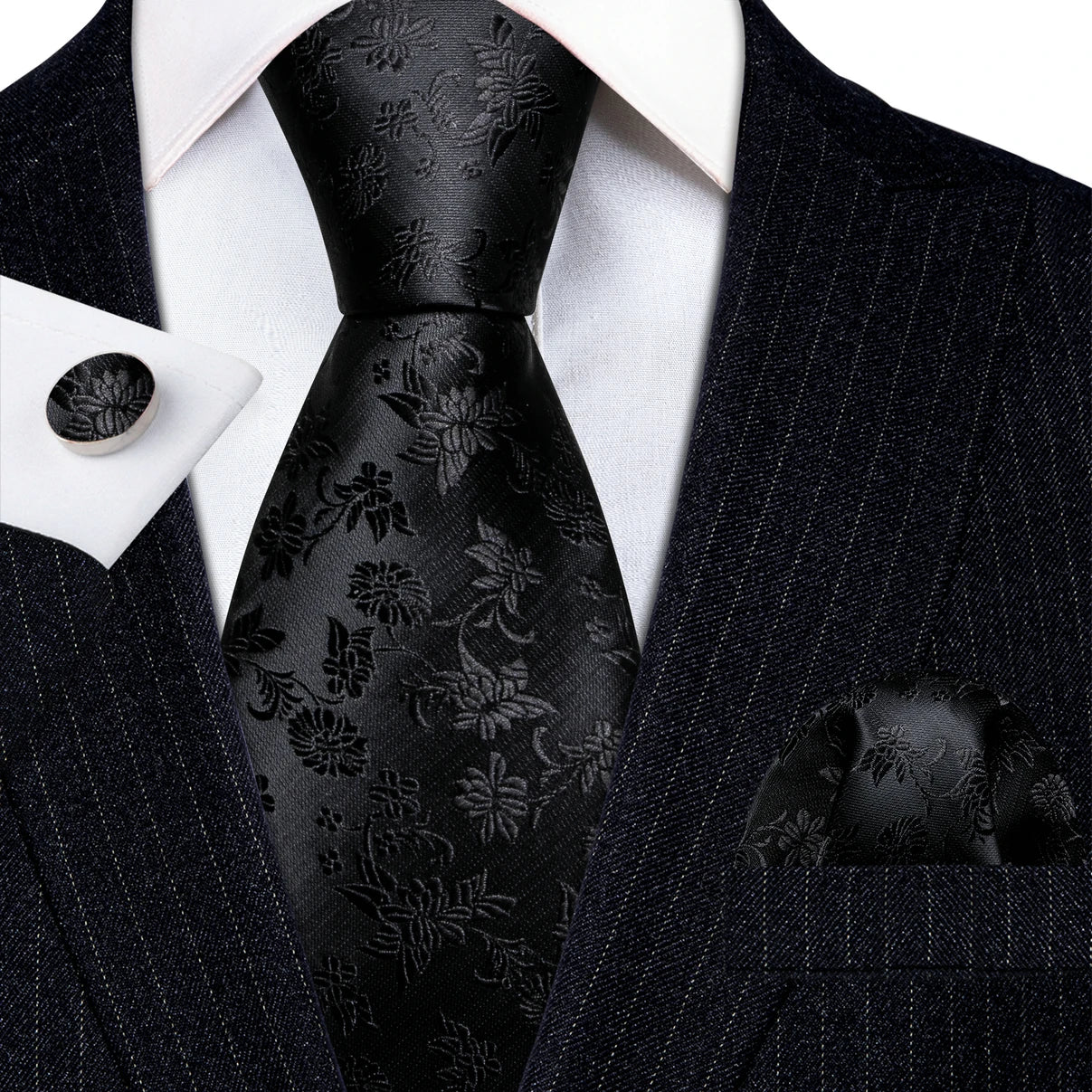 black flower pattern necktie set