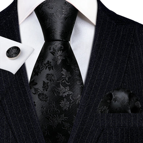 black flower pattern necktie set