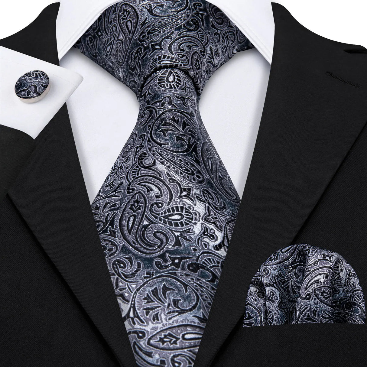silver black flower pattern necktie set