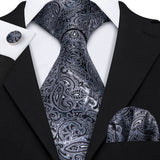 silver black flower pattern necktie set