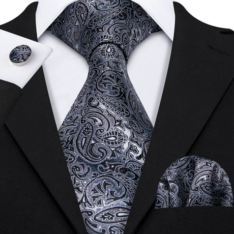 silver black flower pattern necktie set