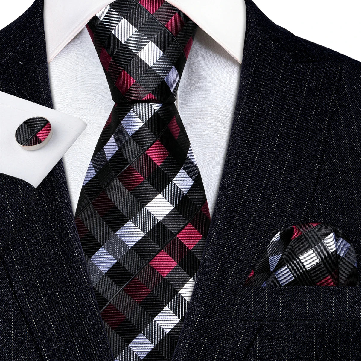 black white red square pattern necktie set