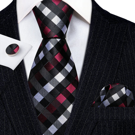 black white red square pattern necktie set