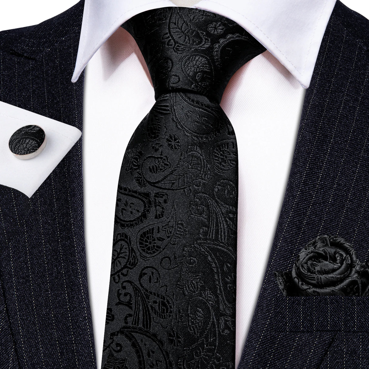 black flower pattern necktie set