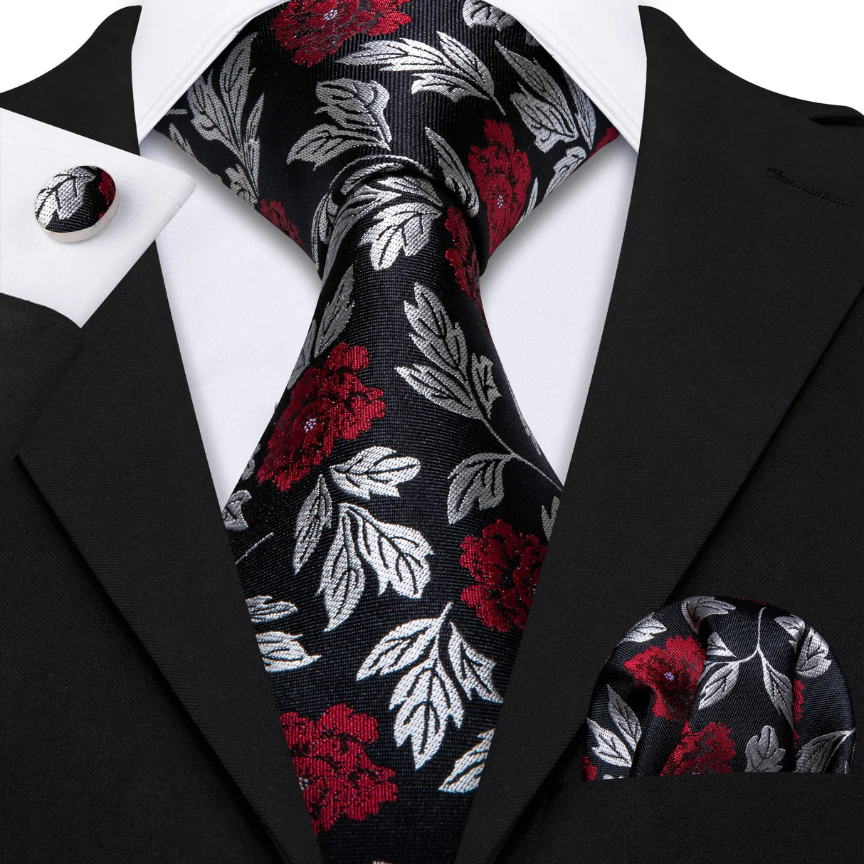 grey red black leaves flower pattern necktie set