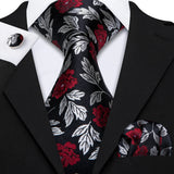 grey red black leaves flower pattern necktie set