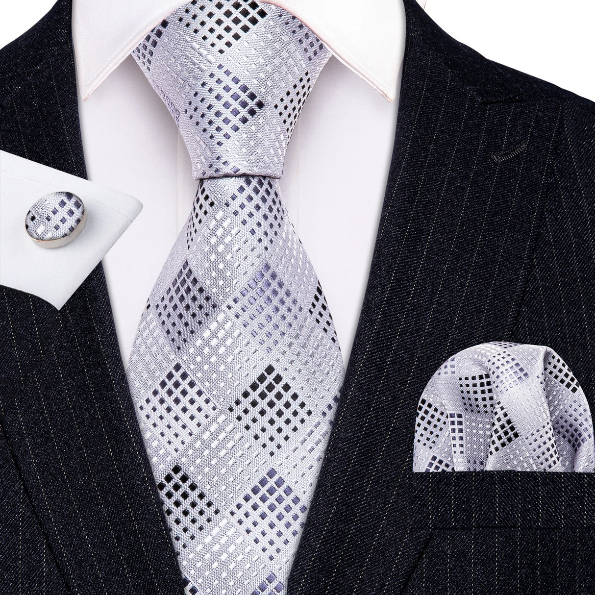 grey black white square pattern necktie set
