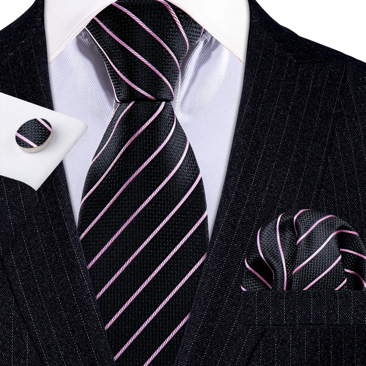 black pink line pattern necktie set