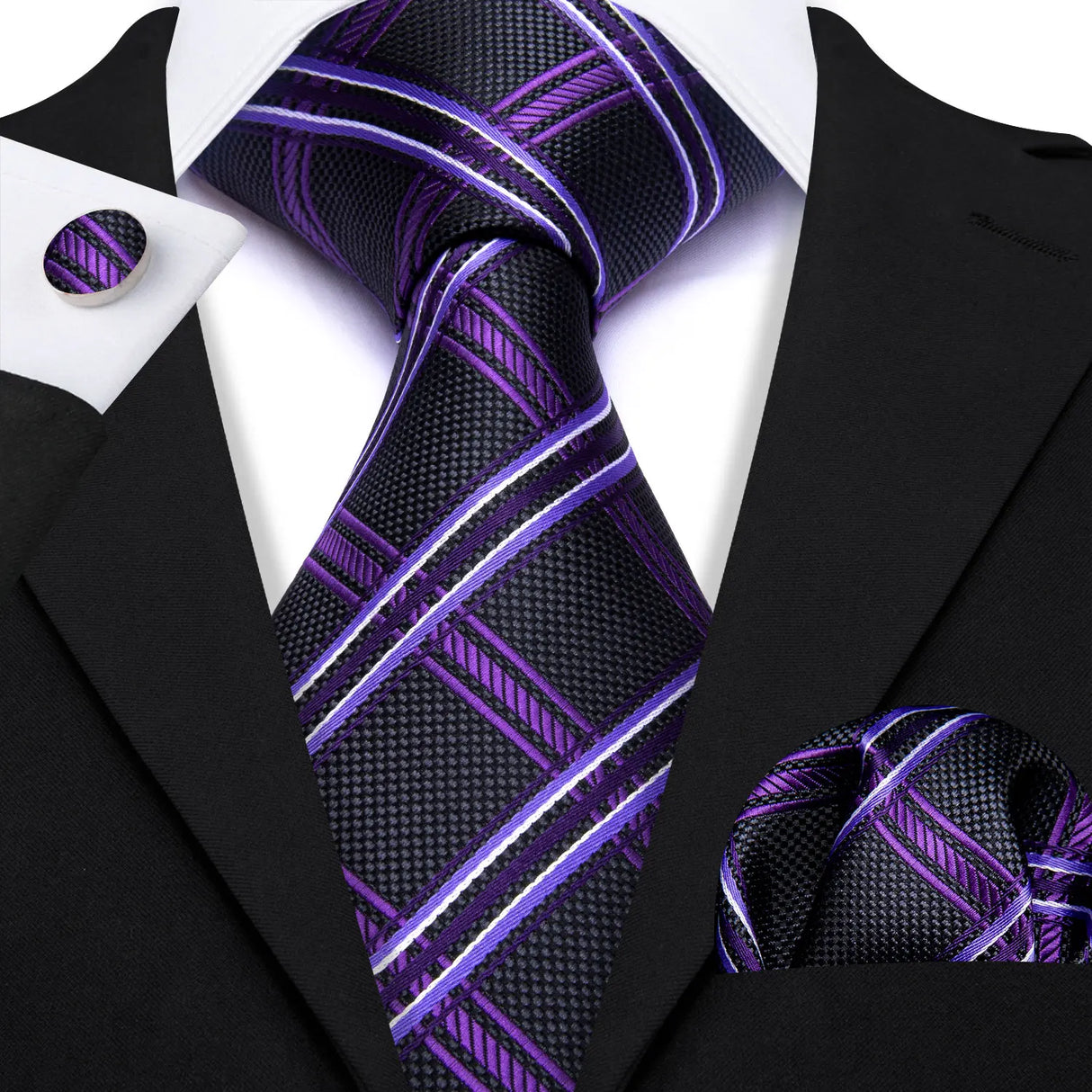 black purple line pattern necktie set