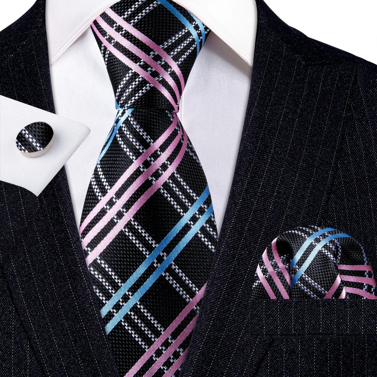 pink blue white black line pattern necktie set