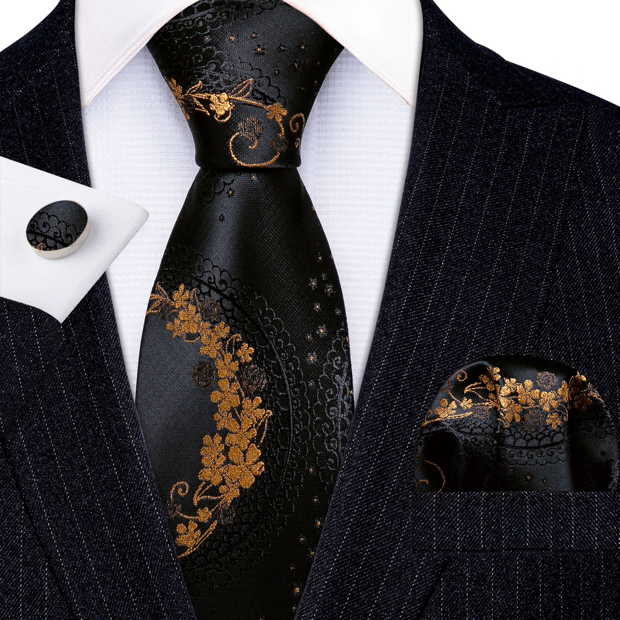black gold flower pattern necktie set