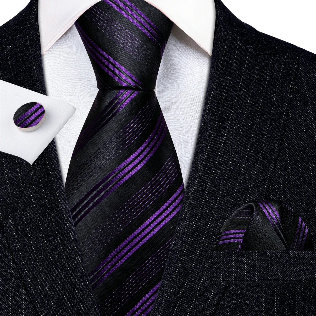 black purple line pattern necktie set