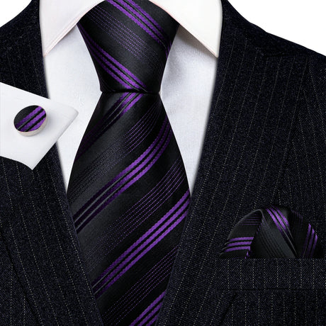 black purple line pattern necktie set