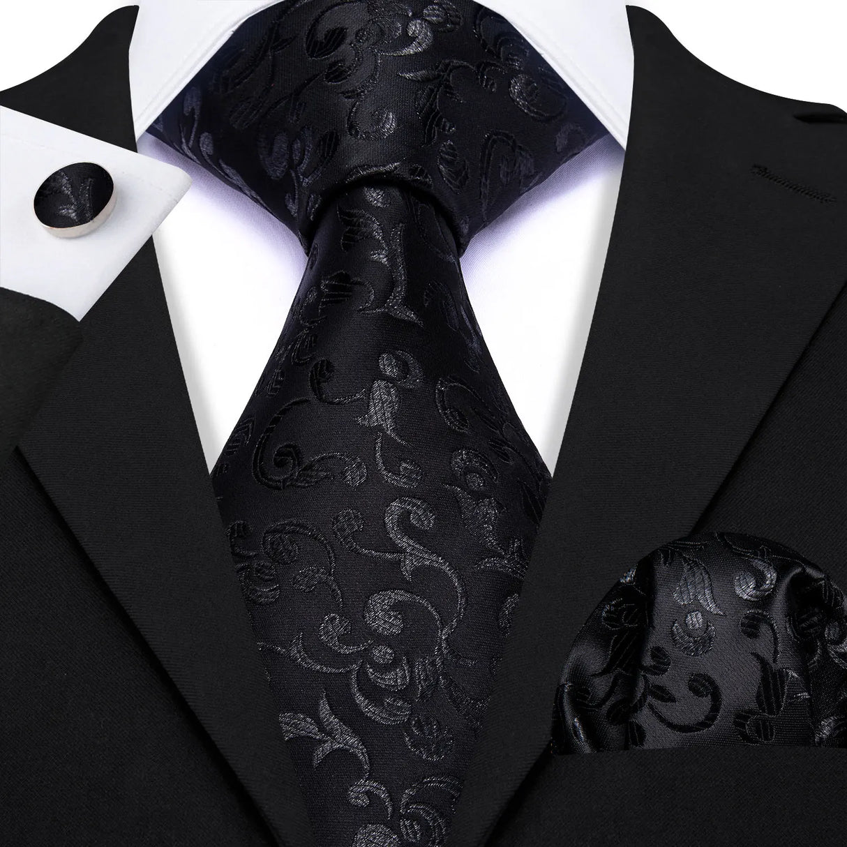 black flower pattern necktie set