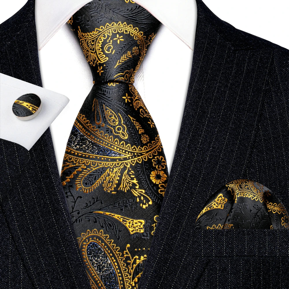 gold black flower pattern necktie set